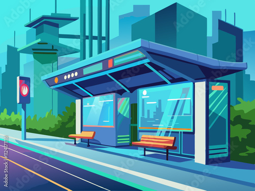 colorful illustration of a futuristic bus stop with digital screens and clean lines.