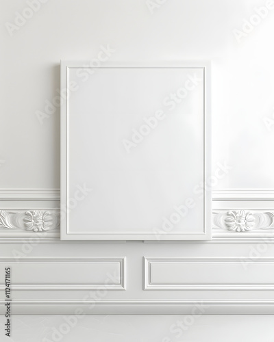 A blank white frame on a minimalist wall  emphasizing simplicity and potential for art.