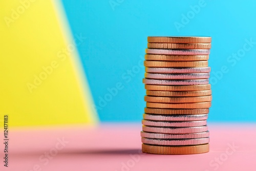 A vibrant stack of coins against a colorful background, representing money, finance, and savings.