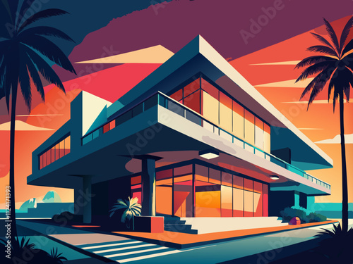 colorful illustration of a modern hotel with a dramatic overhang and bright accent lighting.