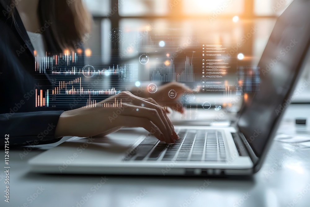Businesswoman working on laptop with data visualization overlay