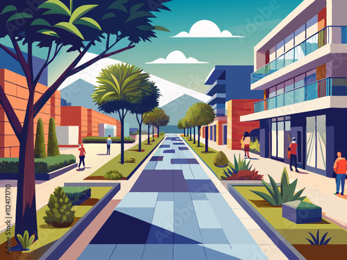 colorful illustration of a pedestrian-only street with modern pavers and creative landscaping.