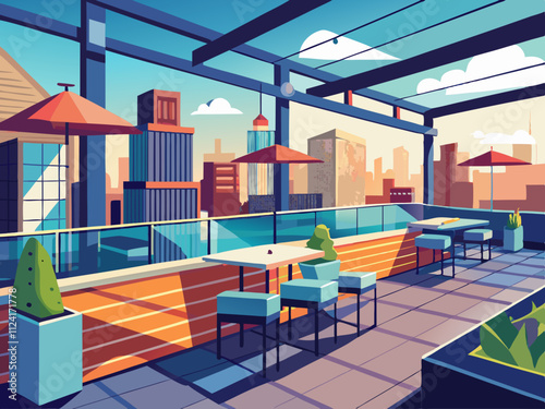 colorful illustration of a rooftop cafe with modern glass railings and cozy seating areas.