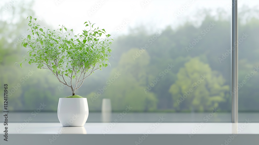 Fototapeta premium Potted plants on window and white computer. Houseplants in pots on windowsill. Home decor concept. Modern houseplants . Minimal creative home decor concept , work space,home office,computer,background