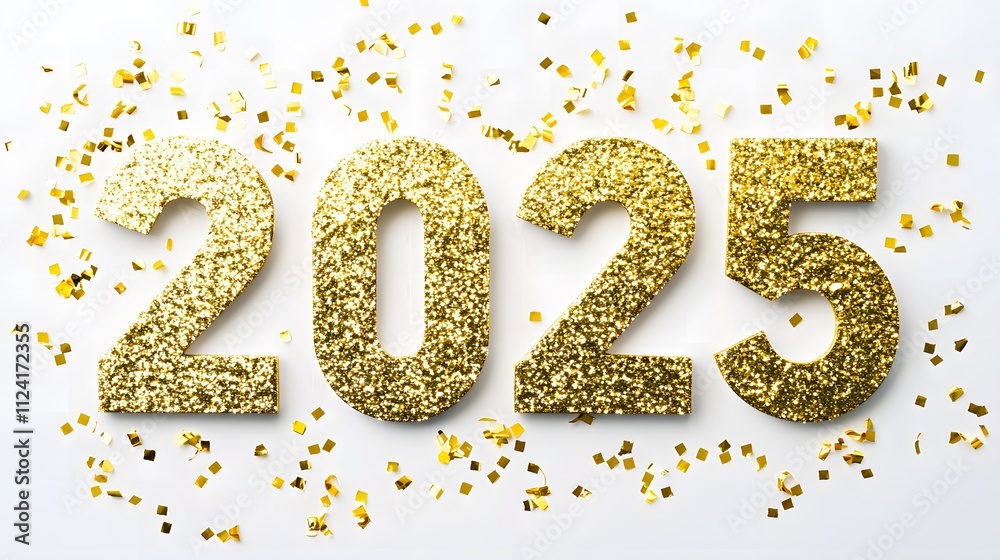 Shiny Gold Glitter '2025' Numbers on White Background with Golden Confetti, Creating a Festive and Joyful Flat Lay Composition in High-Resolution Vector Illustration Shiny Gold Glitter '2025' Numbers on White Background with Golden Confetti, Creating a Festive and Joyful Flat Lay Composition in High-Resolution Vector Illustration