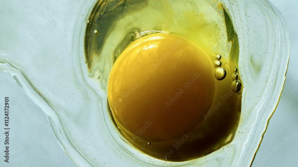 Raw egg yolk art footage. Minimalist culinary concept. Fresh ingredient ideal for cooking and baking. Creative and elegant scene with broken egg