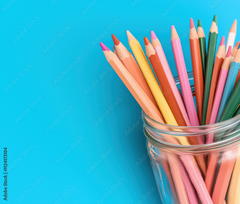 Fototapeta premium Colorful pencils in glass jar against bright blue background