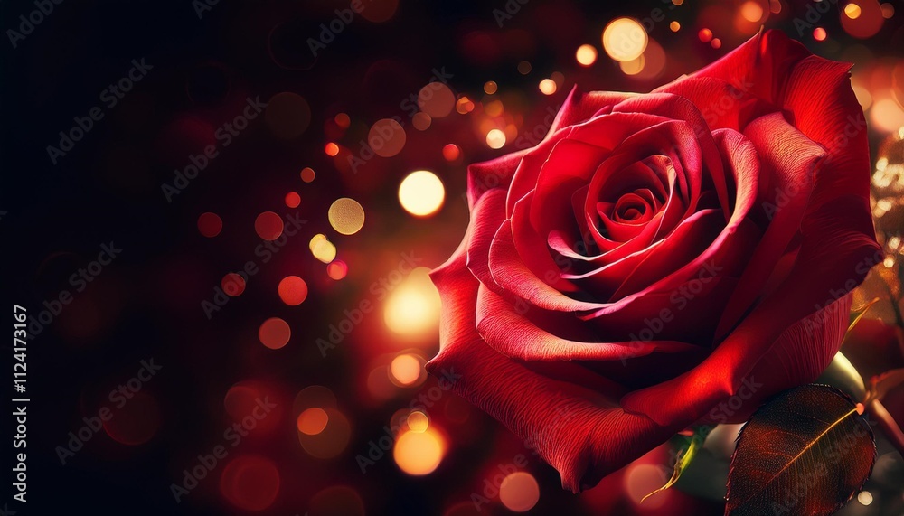 A captivating red rose with dewdrops, illuminated by golden bokeh lights A captivating red rose with dewdrops, illuminated by golden bokeh lights