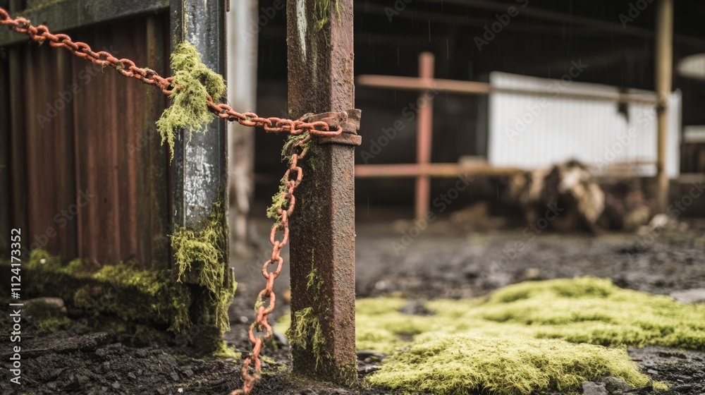 Fototapeta premium Closed factory gate with chain and padlock, symbolizing the end of an era and the transition to new beginnings. Industrial decline and the shift towards modernization and renewal.