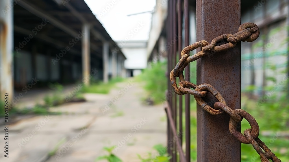 Obraz premium Closed factory gate with chain and padlock, symbolizing the end of an era and the transition to new beginnings. Industrial decline and the shift towards modernization and renewal.