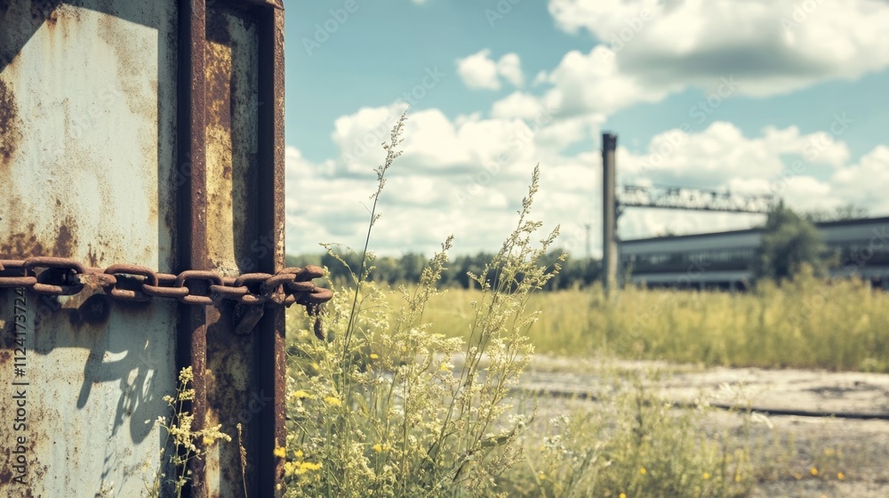 Closed factory gate with chain and padlock, symbolizing the end of an era and the transition to new beginnings. Industrial decline and the shift towards modernization and renewal. Closed factory gate with chain and padlock, symbolizing the end of an era and the transition to new beginnings. Industrial decline and the shift towards modernization and renewal.