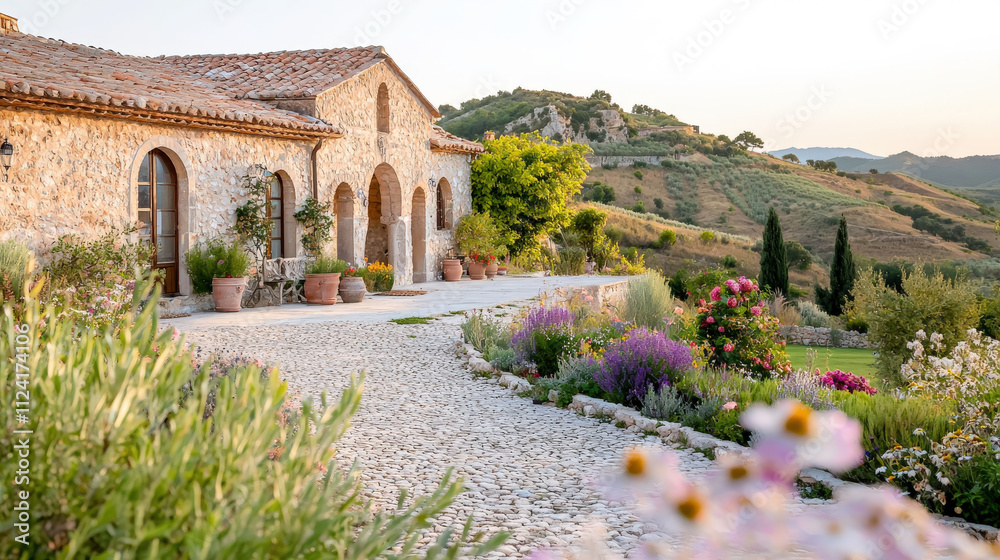 Obraz premium Serenity of Rustic Italian Villa Surrounded by Lush Green Hills and Vibrant Flower Gardens at Sunset