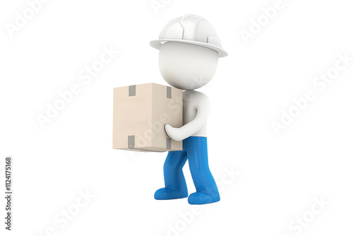 A worker character lifting a cardboard box, wearing a helmet, demonstrating manual handling in a construction or logistics context.