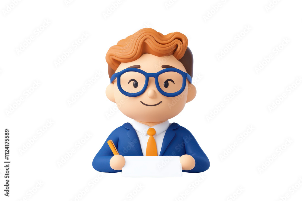 A cheerful cartoon character with glasses, wearing a blue suit, holding a blank piece of paper, ready to write or draw. A cheerful cartoon character with glasses, wearing a blue suit, holding a blank piece of paper, ready to write or draw.