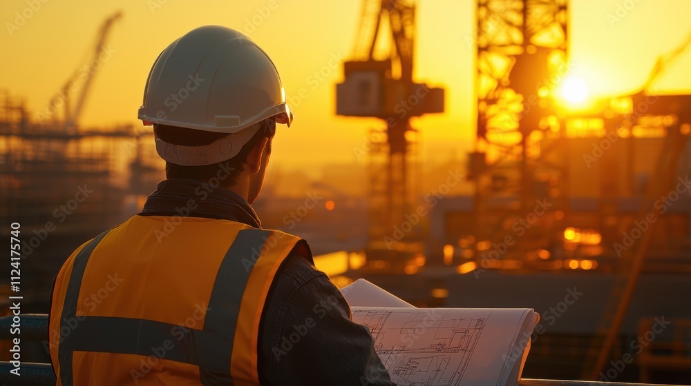 Student engineer observes busy construction site at sunset