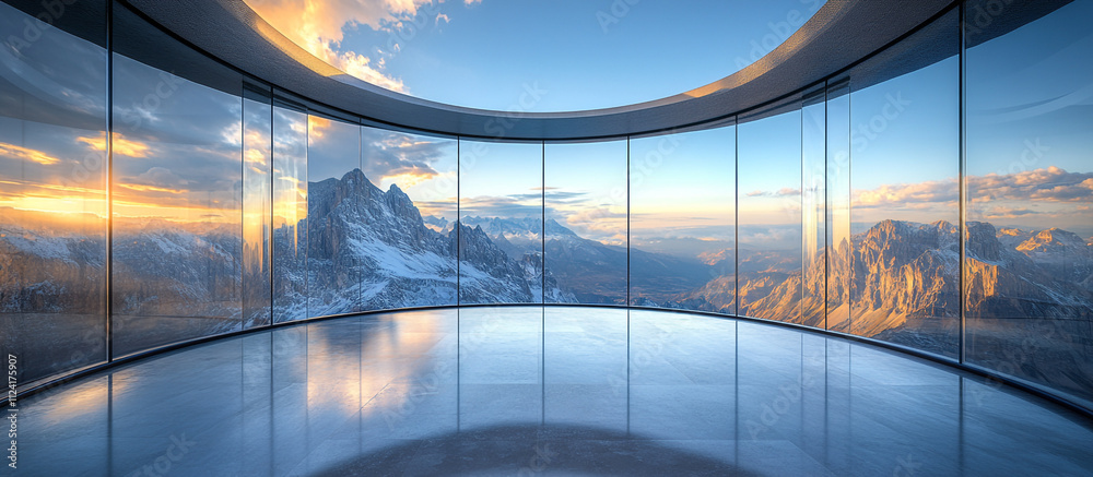 Obraz premium Elegant observation platform with panoramic glass walls and distant mountains