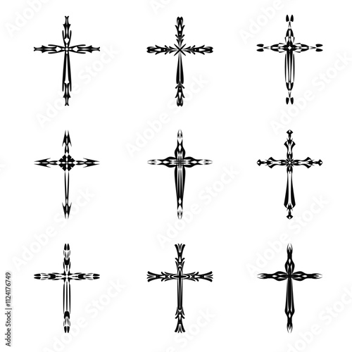 Christian cross vector icon symbols.  Abstract christian religious belief or faith art illustration for orthodox or catholic design. The symbol of the cross in various designs used in tattoo.		