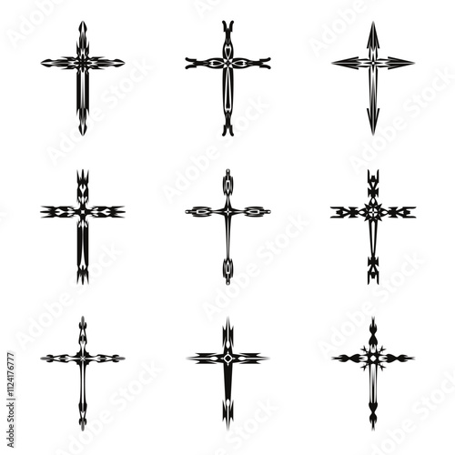 Christian cross vector icon symbols.  Abstract christian religious belief or faith art illustration for orthodox or catholic design. The symbol of the cross in various designs used in tattoo.		