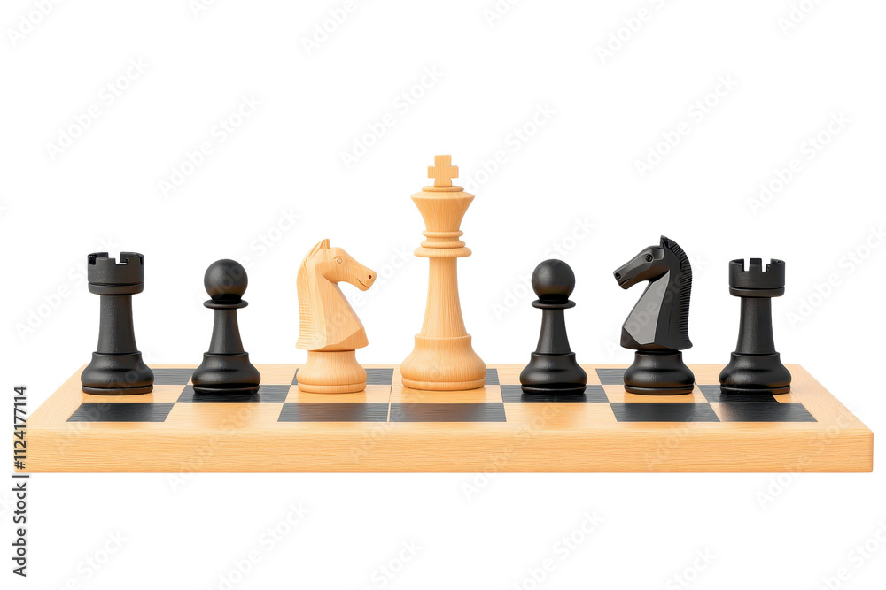 A chess set featuring black and white pieces arranged strategically on a board, highlighting the king and knights prominently. A chess set featuring black and white pieces arranged strategically on a board, highlighting the king and knights prominently.