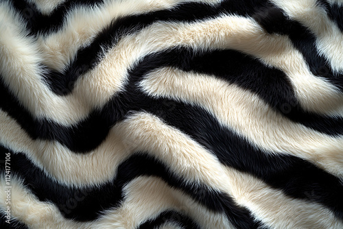 A close-up of soft, striped fabric resembling animal fur in black and cream colors. photo