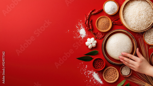 vibrant display of rice and spices on red background, showcasing ingredients