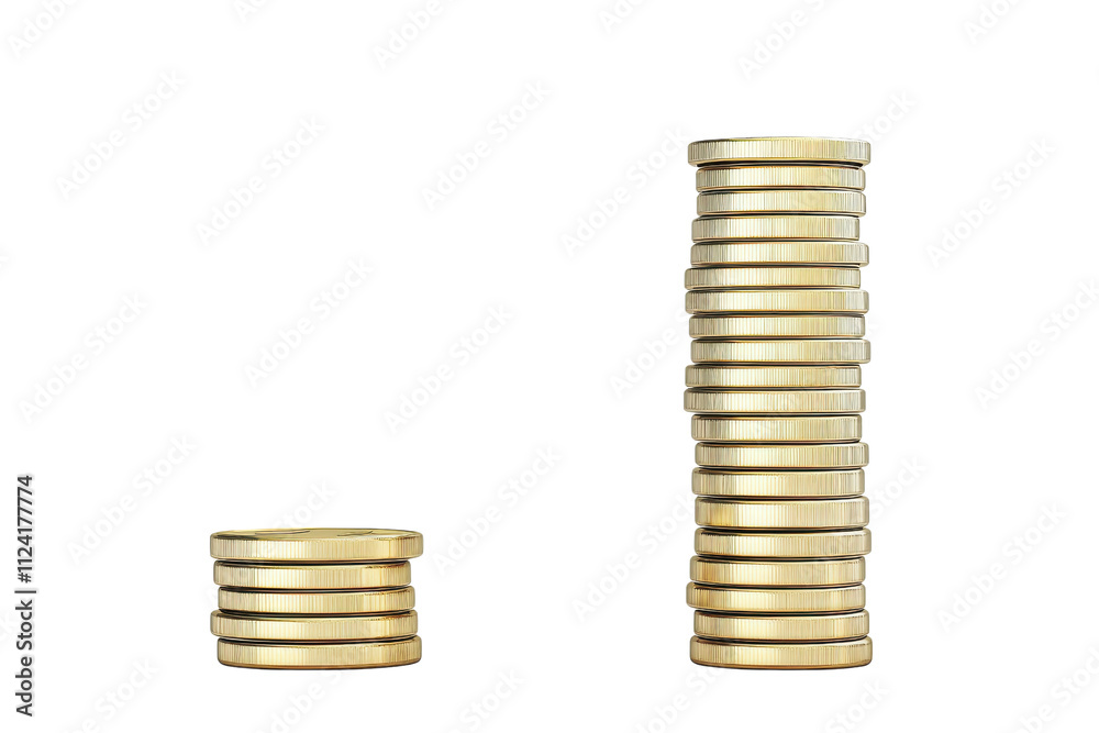 Stacks of gold coins displaying a significant height difference, representing wealth accumulation and financial growth. Stacks of gold coins displaying a significant height difference, representing wealth accumulation and financial growth.