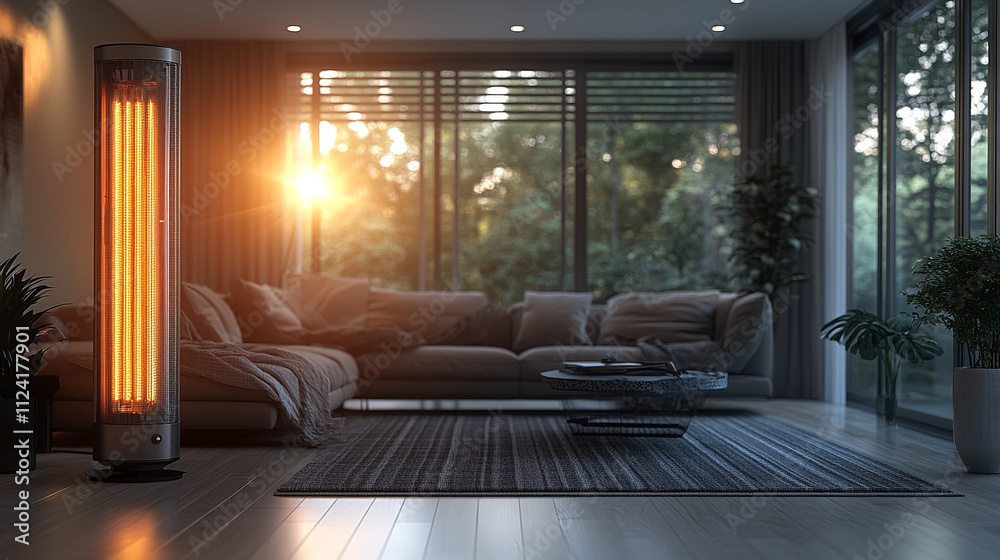 Fototapeta premium sleek modern electric heater stands upright on a clean, minimalist surface. Its compact design, metallic finish, and efficient form symbolize innovation, energy efficiency, and contemporary lifestyle
