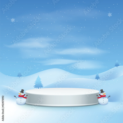 Winter landscape with snowy background, product banner, podium platform
