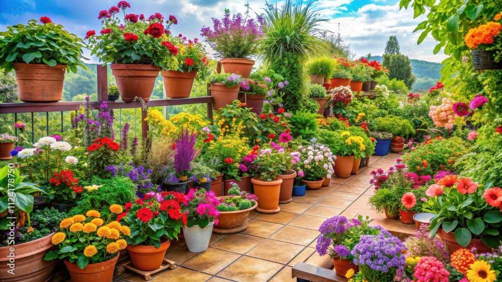 Naklejka premium A vibrant terrace garden filled with colorful flowers, greenery, and potted plants, terrace, garden, flowers, colorful