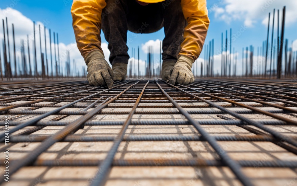 Reinforcing Steel Grid Installation in Construction Site Reinforcing Steel Grid Installation in Construction Site