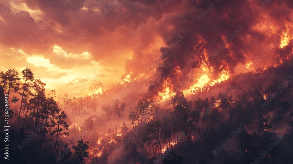 Fototapeta premium Wildfire eruption in forest dramatic landscape photography twilight nature environmental crisis awareness