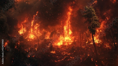 Wildfire rages through forest area nature disaster scene dramatic atmosphere aerial view environmental impact focus