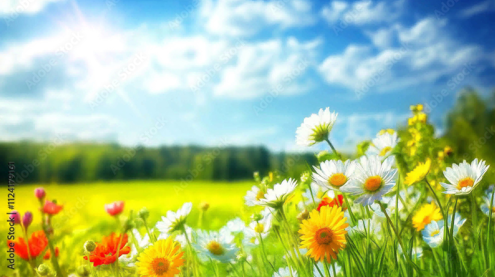 Obraz premium Banner of : flowers field Panoramic meadow with wildflowers of mountains, bright blue sky and clouds. Cheerful nature landscape with copy space, background. 