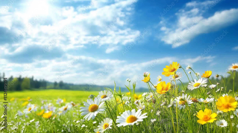 Banner of : flowers field Panoramic meadow with wildflowers of mountains, bright blue sky and clouds. Cheerful nature landscape with copy space, background. Banner of : flowers field Panoramic meadow with wildflowers of mountains, bright blue sky and clouds. Cheerful nature landscape with copy space, background.