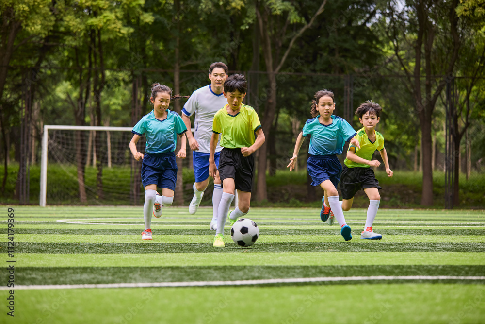 Chinese Kids Playing Football on Soccer Field Chinese Kids Playing Football on Soccer Field