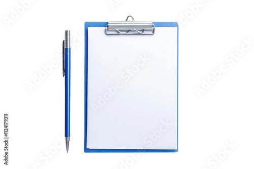 A clipboard with a blank sheet of paper and a blue pen positioned beside it.