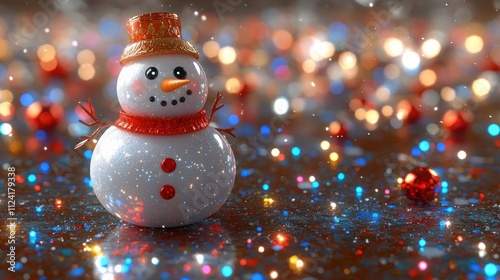 A cheerful snowman surrounded by colorful festive lights.