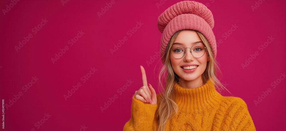 Girl in glasses on color background pointing finger up. Girl in glasses on color background pointing finger up.