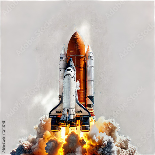 A rocket launching into space, surrounded by clouds of smoke and flames.
