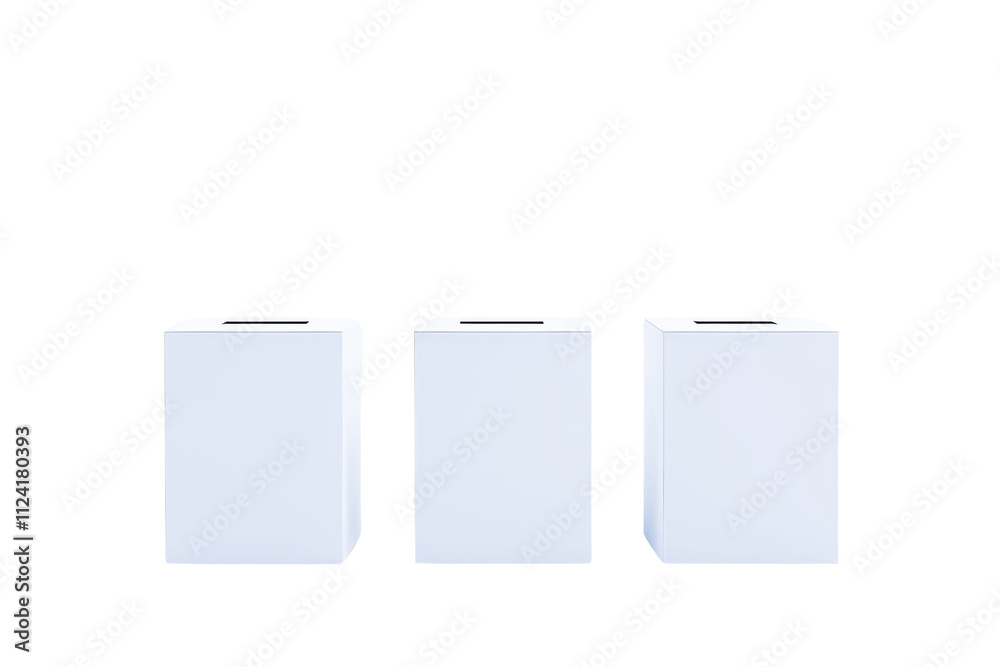 Three white rectangular boxes aligned, featuring simple geometric shapes with smooth surfaces. Three white rectangular boxes aligned, featuring simple geometric shapes with smooth surfaces.