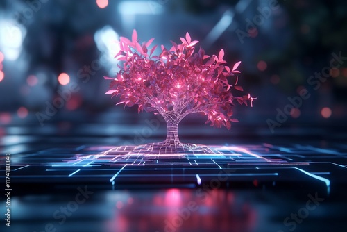 A digital tree with glowing pink leaves on a circuit-like surface.