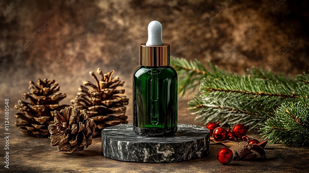 Green Glass Bottle With Dropper Amidst Pine Cones And Festive Decor Green Glass Bottle With Dropper Amidst Pine Cones And Festive Decor