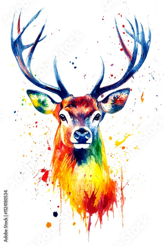 A colorful deer portrait with majestic antlers on a white background, created using generative AI photo