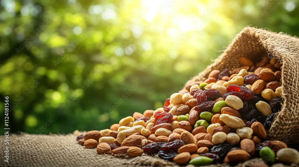 Obraz premium rustic arrangement of dried fruits and nuts in a bowl placed on a wooden table. Warm tones, natural textures, and earthy hues evoke tradition, health, and abundance in this inviting composition