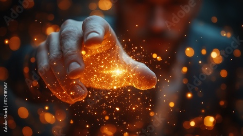 Man's hand creating golden sparks, a mystical scene. photo