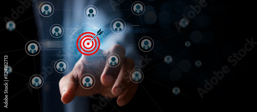 Red dartboard and red arrow connection linkage with human icon for customer focus target group and customer relation management concept.