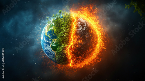 Fototapeta Naklejka Na Ścianę i Meble -  Dramatic imagery of Earth split by a vibrant lightning bolt symbolizing division conflict and energy contrasting halves of the planet representing duality power and the fragility of our world