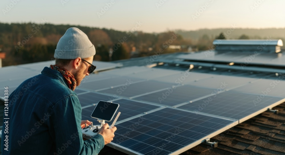 Caucasian male adult inspecting solar panels with drone on rooftop at sunrise Caucasian male adult inspecting solar panels with drone on rooftop at sunrise