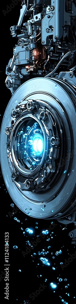 Futuristic machinery with glowing blue core and surrounding bubbles in a dark environment Futuristic machinery with glowing blue core and surrounding bubbles in a dark environment