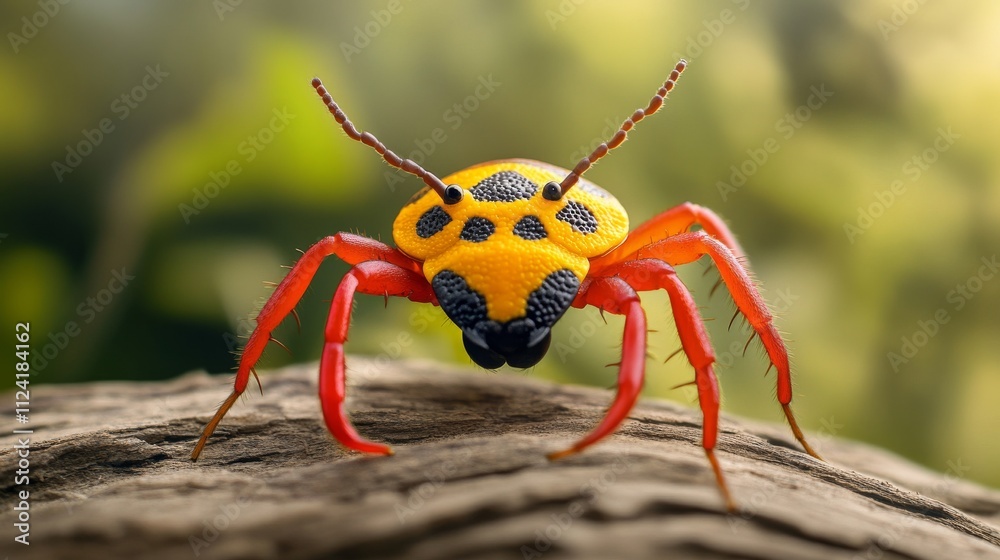 Fototapeta premium Colorful spider perched on a wooden surface in a natural setting.